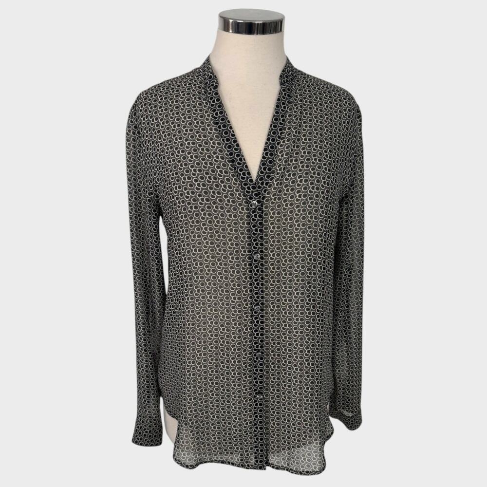 Ann Taylor Womens Small Black White Geometric Print Sheer Blouse